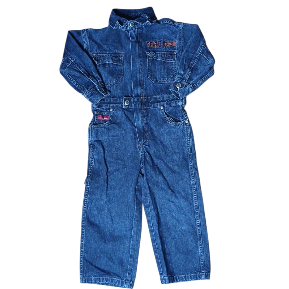 RARE Vintage 90s Phat Farm‎ Denim Jumpsuit One Piece Coveralls 4 KIDS
